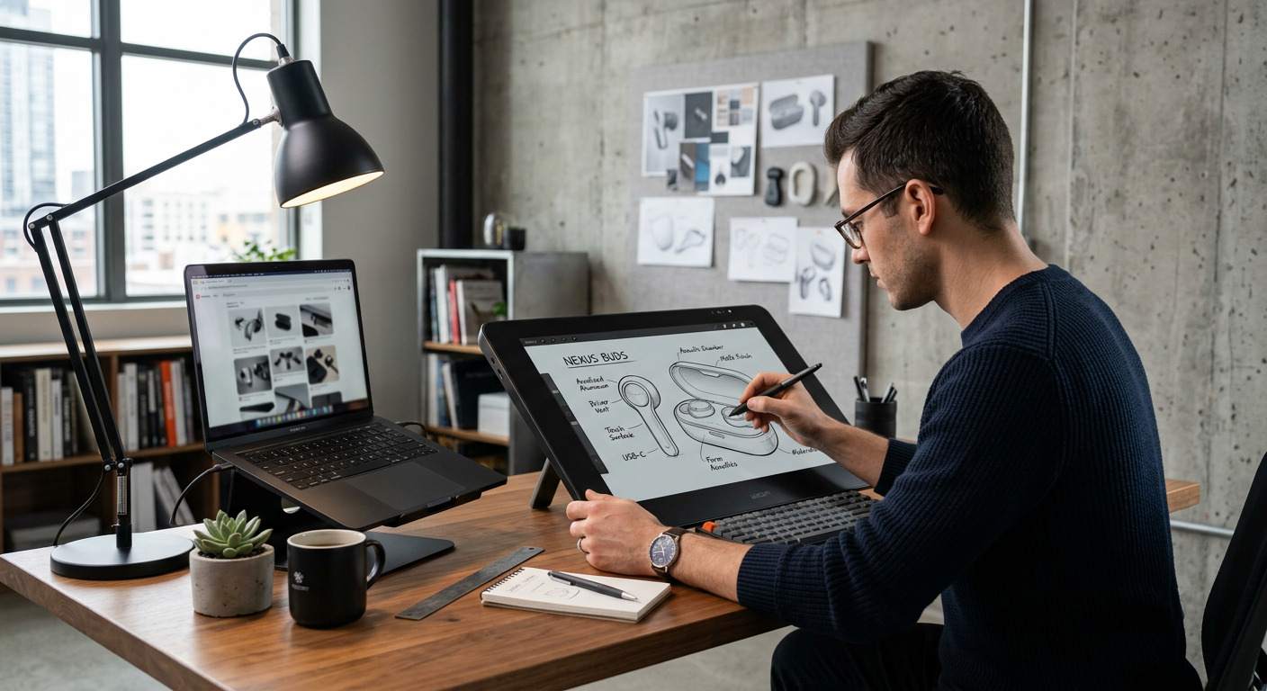 Firefly_Gemini Flash_Minimalistic modern design studio workspace, a drawing tablet showing a sleek electro 765784
